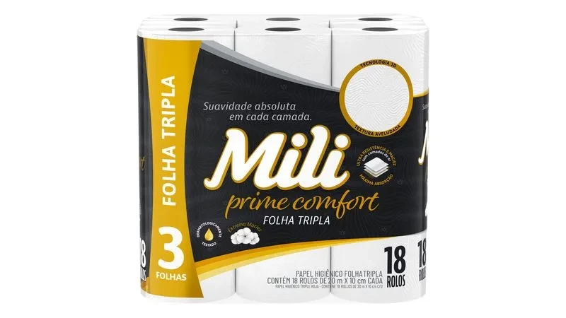 Papel higiênico 20M folha tripla c/ 18 rolos - Prime Confort Mili