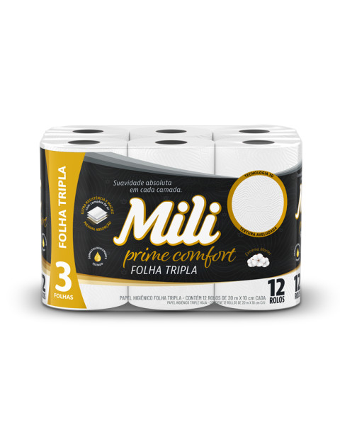 Papel higiênico 20M folha tripla c/ 12 rolos - Prime Confort Mili