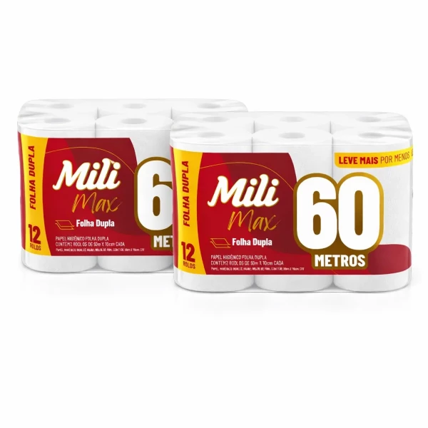 Papel higiênico 60M folha dupla c/ 12 rolos - Mili