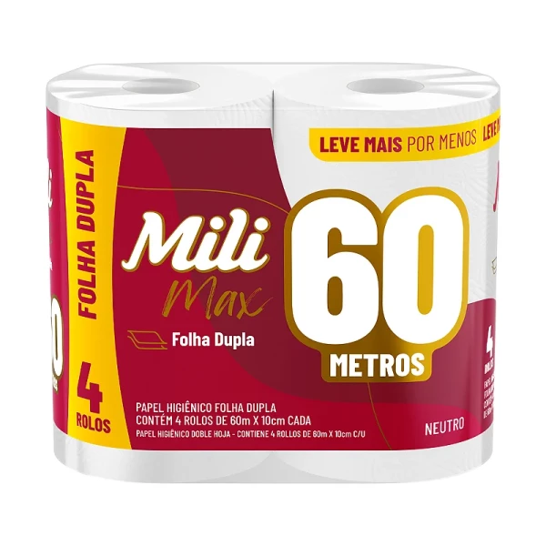 Papel higiênico 60M folha dupla c/ 4 rolos - Mili