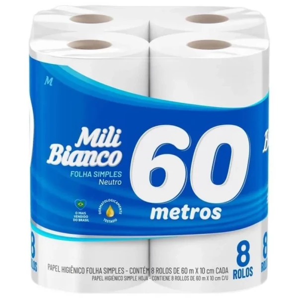 Papel higiênico 60M folha simples Neutro c/ 8 rolos - Bianco