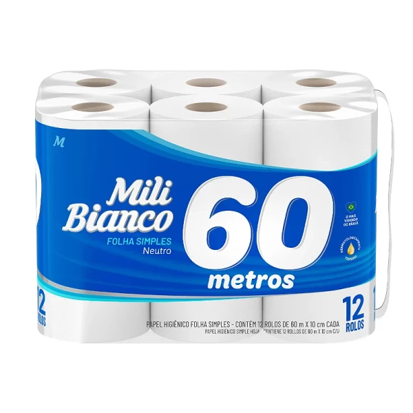 Papel higiênico 60M folha simples Neutro c/ 12 rolos - Bianco